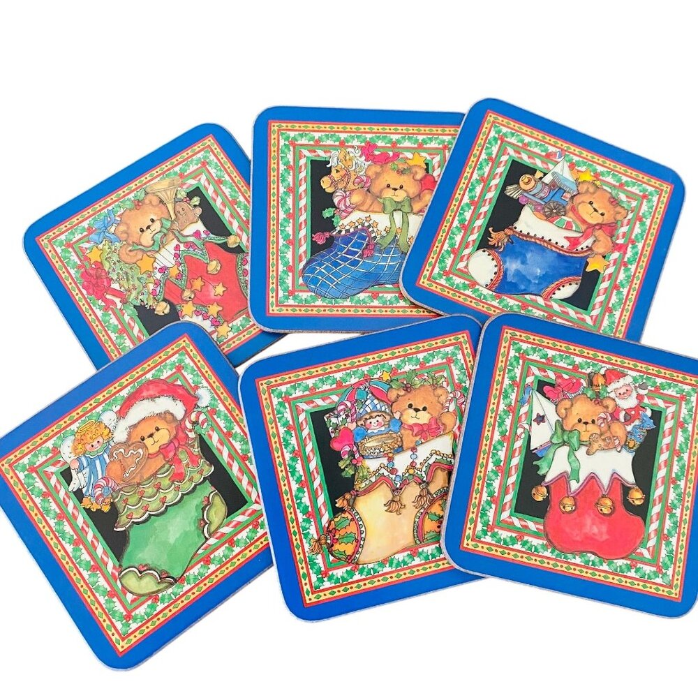 Pimpernel Coasters Holiday Christmas Bear in Stocking Set of 6